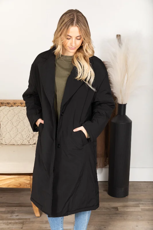Black Longline Insulated Button Coat