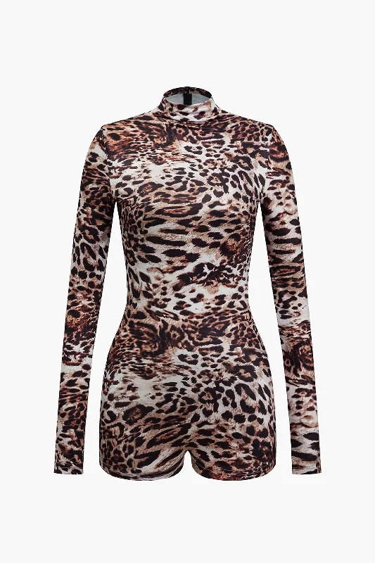 Leopard Print Long Sleeve Bodycon Romper